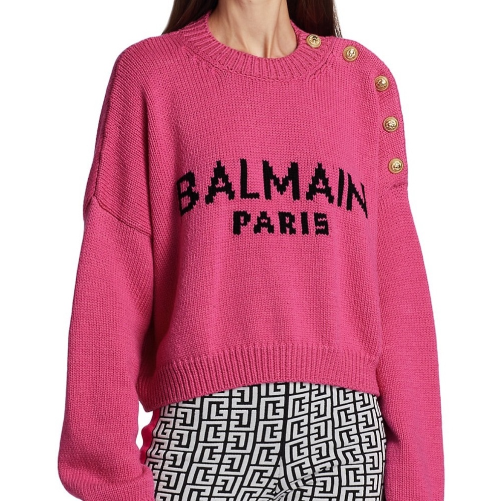 Balmain Pink Knit Pullover Sweater with Gold Buttons Black Logo NWOT